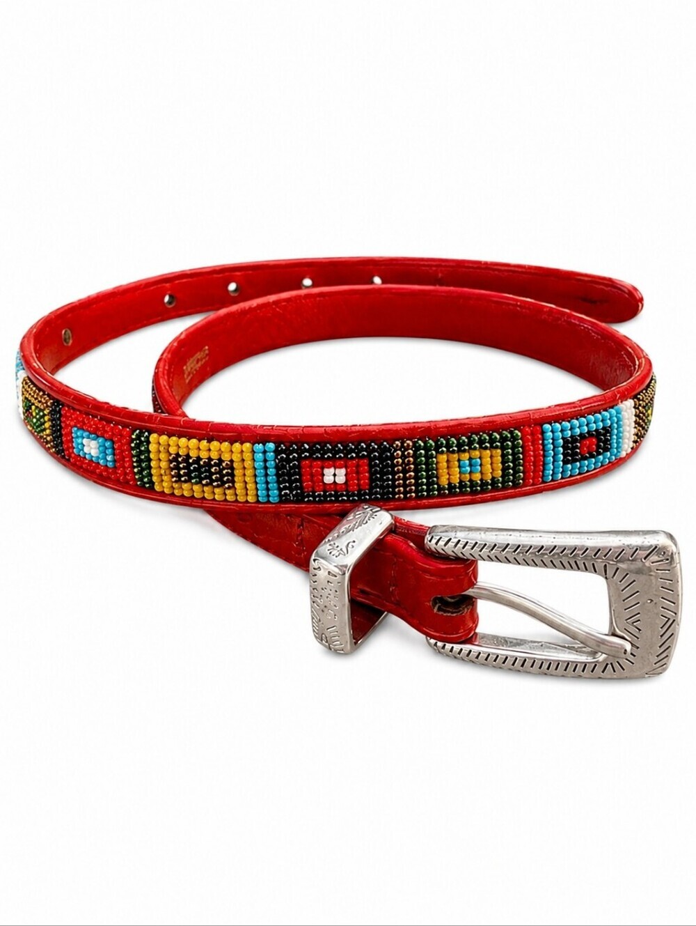 BRIGHTON Red Leather Beaded Rainbow Western Boho Festival Belt Small 28